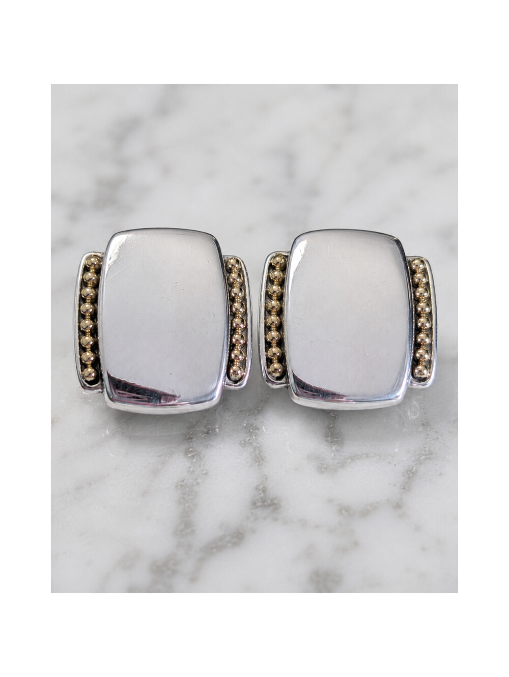 Lagos Caviar Sterling Silver 925 and 18K Gold Rectangle Stud Earrings
